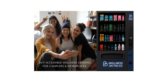 Close-up of a wellness vending machine stocked with OTC medications, self-tests, and personal care items