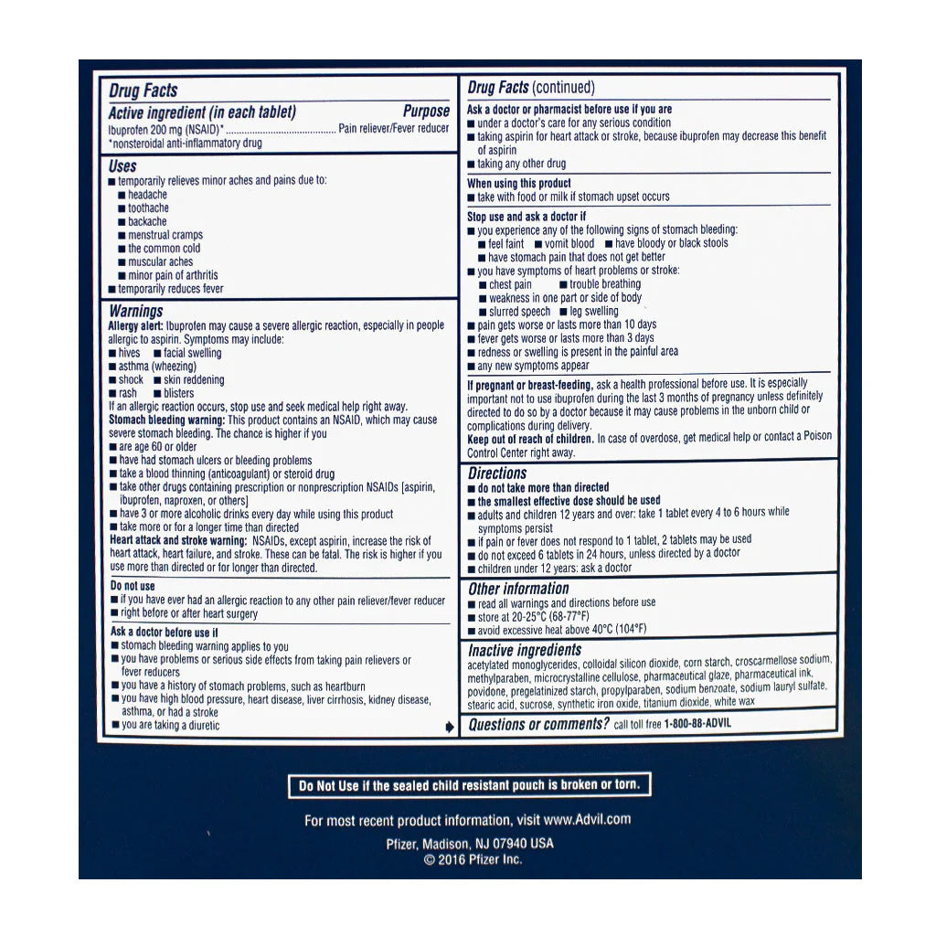 Advil® Ibuprofen – 2 Tablets, Case of 50 Packs