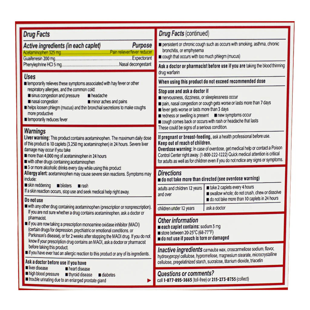 Tylenol Sinus Relief two-caplet vending pack – sinus, congestion, and headache relief for college wellness vending