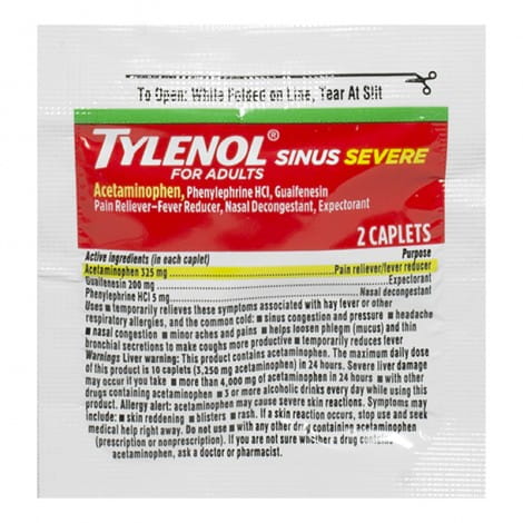 Tylenol Sinus Relief two-caplet vending pack – sinus, congestion, and headache relief for college wellness