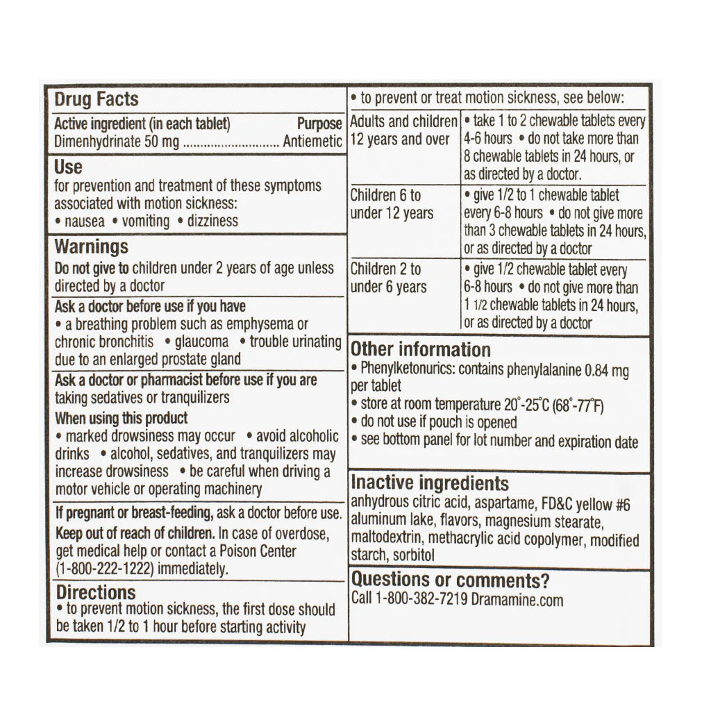 Dramamine® Motion Sickness Relief Tablets – 2 Count Card, Case of 36