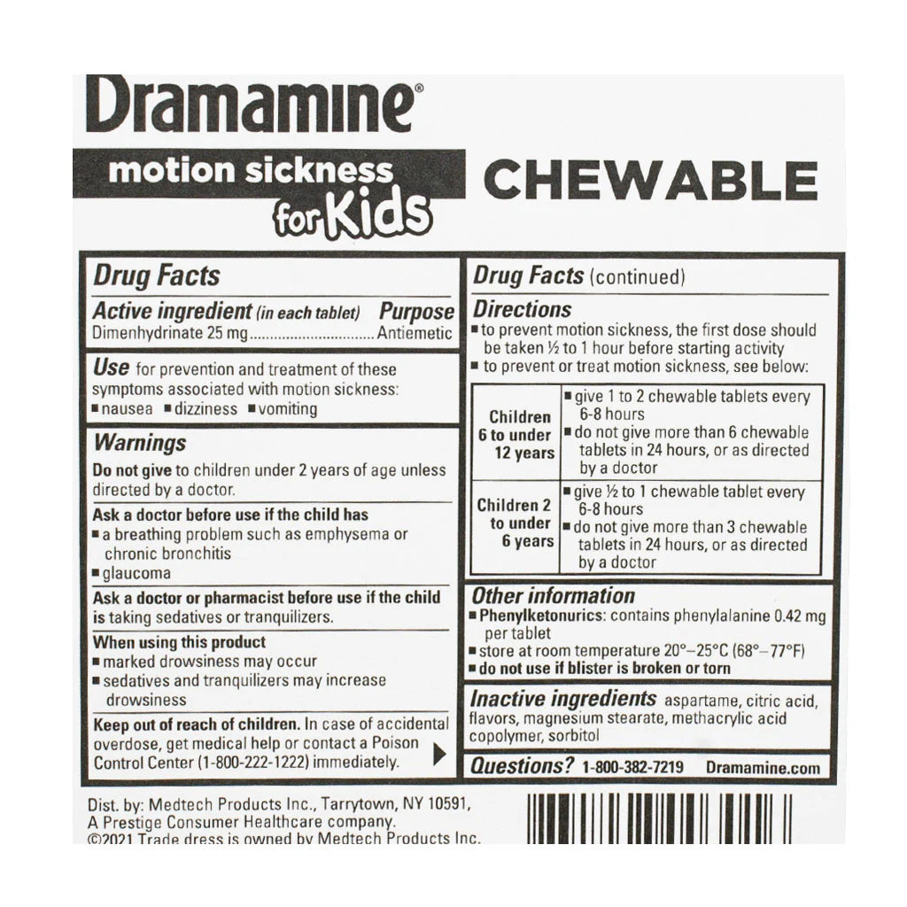Dramamine® for Kids Chewable Tablets – 8 Count Card, Case of 18