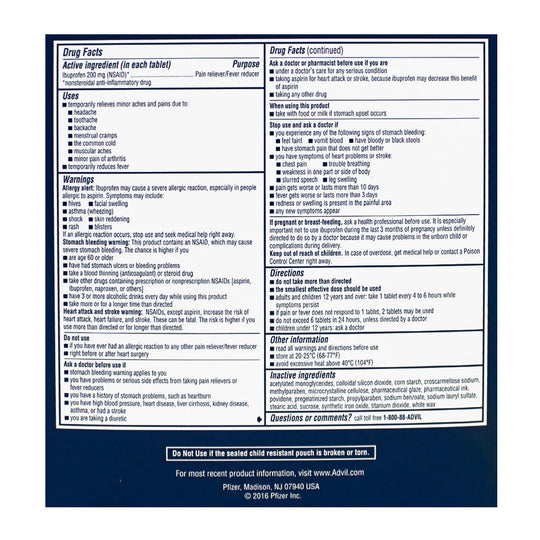 Advil® Ibuprofen – 2 Tablets, Case of 50 Packs