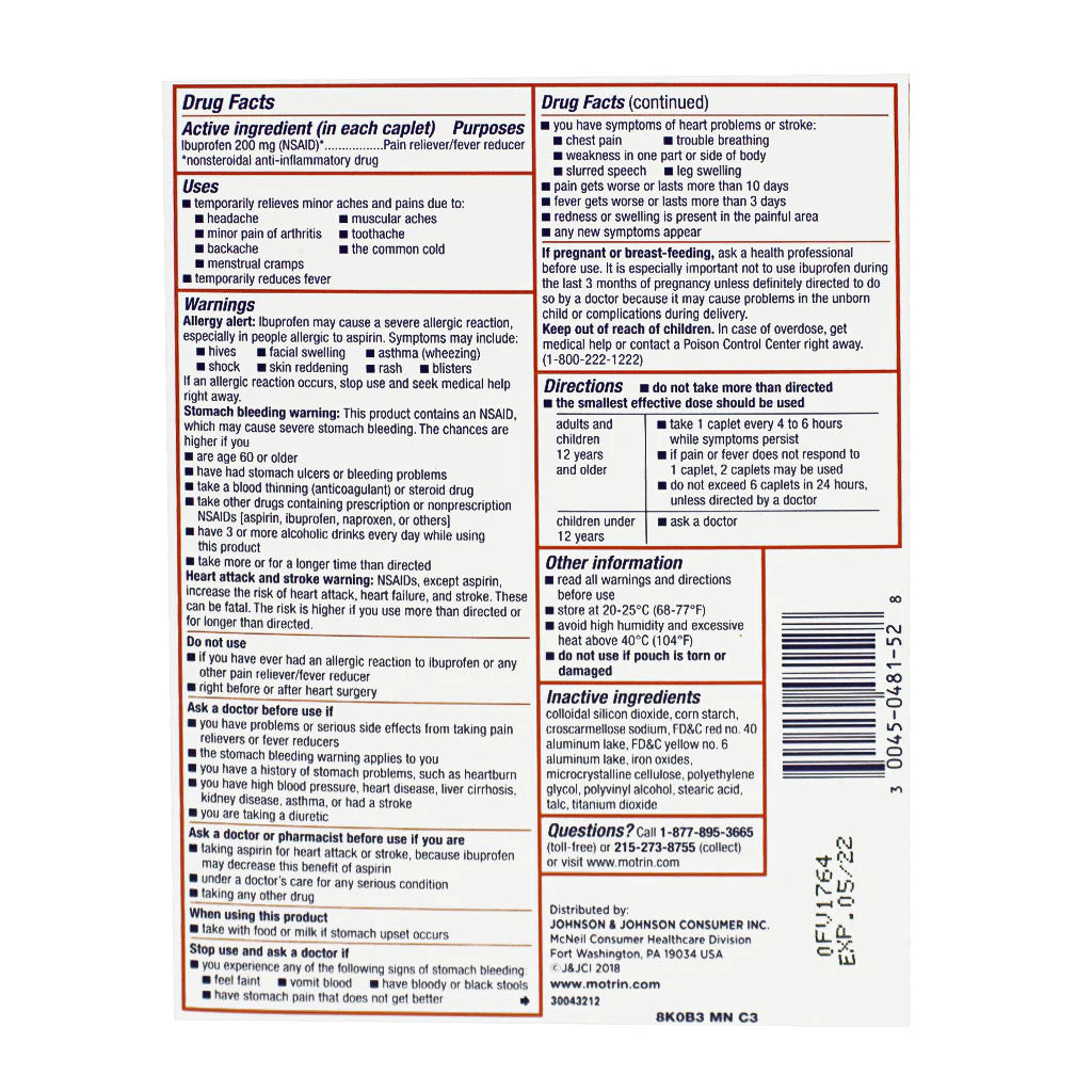 Motrin® Ibuprofen Tablets – 4 Count, Case of 36 Packs