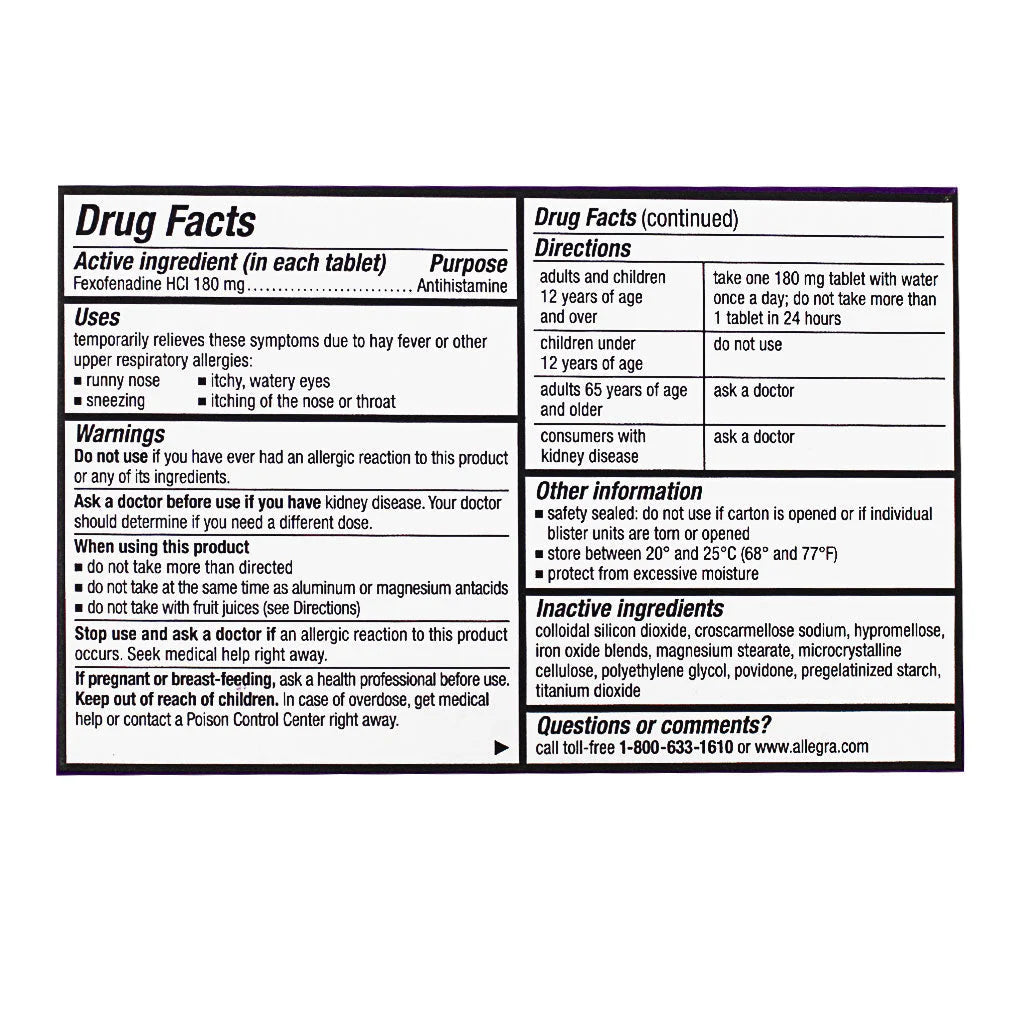 Allegra® Allergy 24 Hour Relief – 1 Tablet, Card of 1, Box of 36