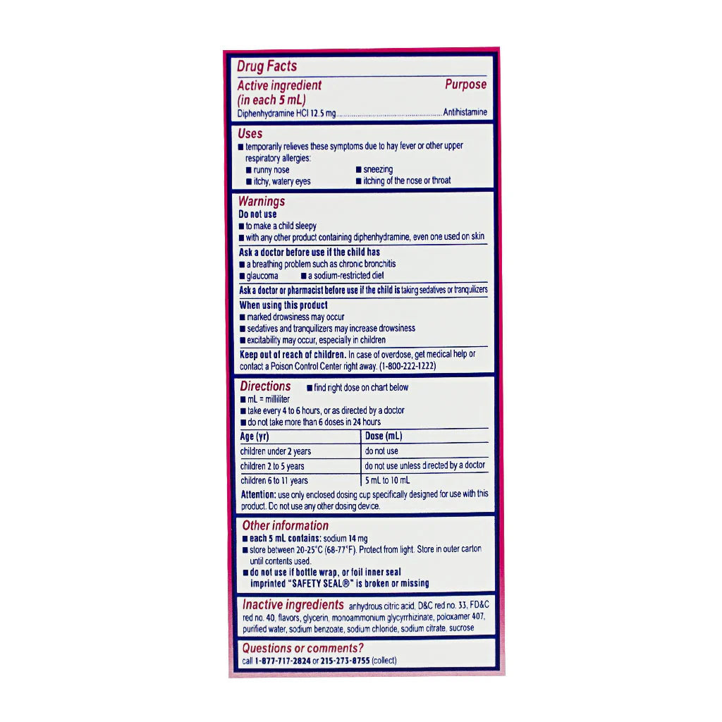 Benadryl® Children’s Allergy Cherry – 4 fl oz, Case of 18 Boxes