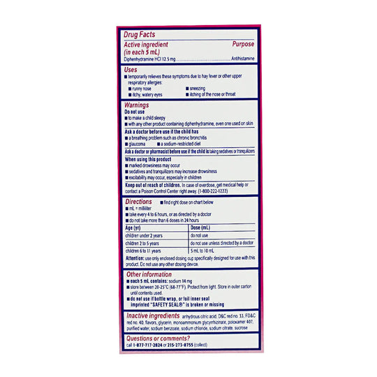 Benadryl® Children’s Allergy Cherry – 4 fl oz, Case of 18 Boxes