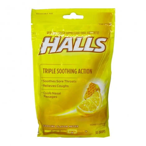 Halls® Cough Suppressant Honey Lemon Drops – Bag of 30 Drops, Case of 36