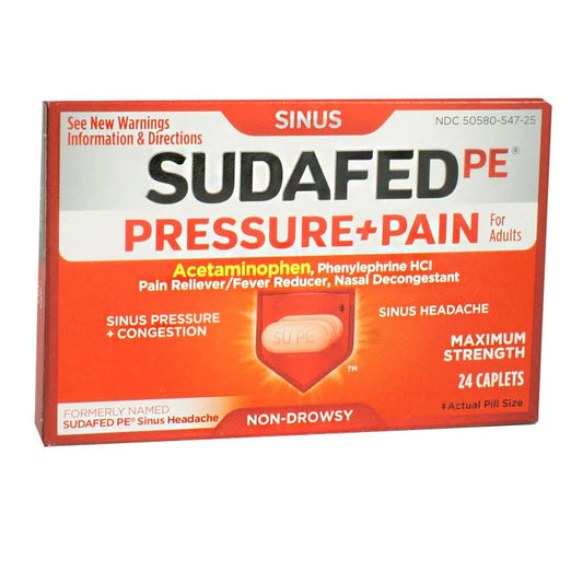 Sudafed PE sinus pressure and pain tablets 24 count box for wellness vending machines in airports, colleges, and workplaces