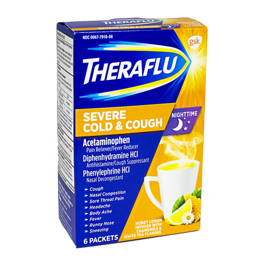 Theraflu® Severe Cold & Cough Relief Nighttime – Box of 6 Packets, Case of 24