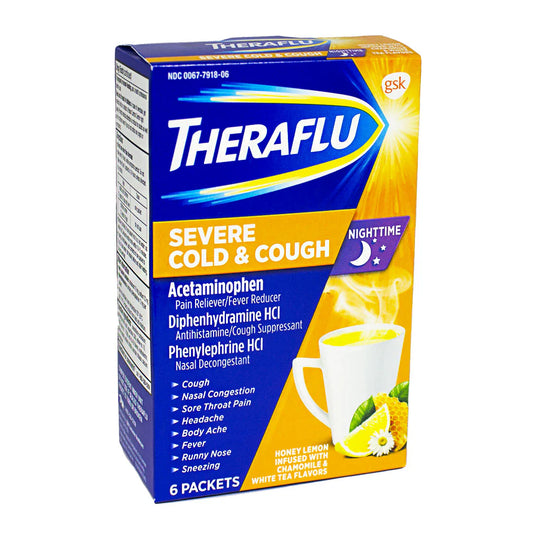Theraflu® Severe Cold & Cough Relief Nighttime – Box of 6 Packets, Case of 24
