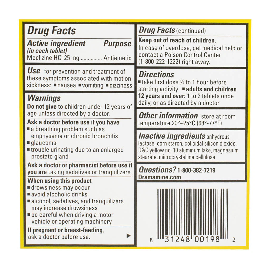Dramamine® Motion Sickness Relief Less Drowsy Tablets – 8 Count Vial, Case of 18