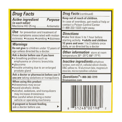 Dramamine® Motion Sickness Relief Less Drowsy Tablets – 8 Count Vial, Case of 18