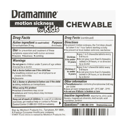 Dramamine® for Kids Chewable Tablets – 8 Count Card, Case of 18