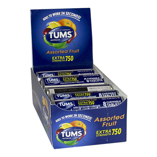 TUMS® Extra Strength 750 Antacid, Assorted Fruit Flavor, 8 Tablets per Roll, 12 per Box