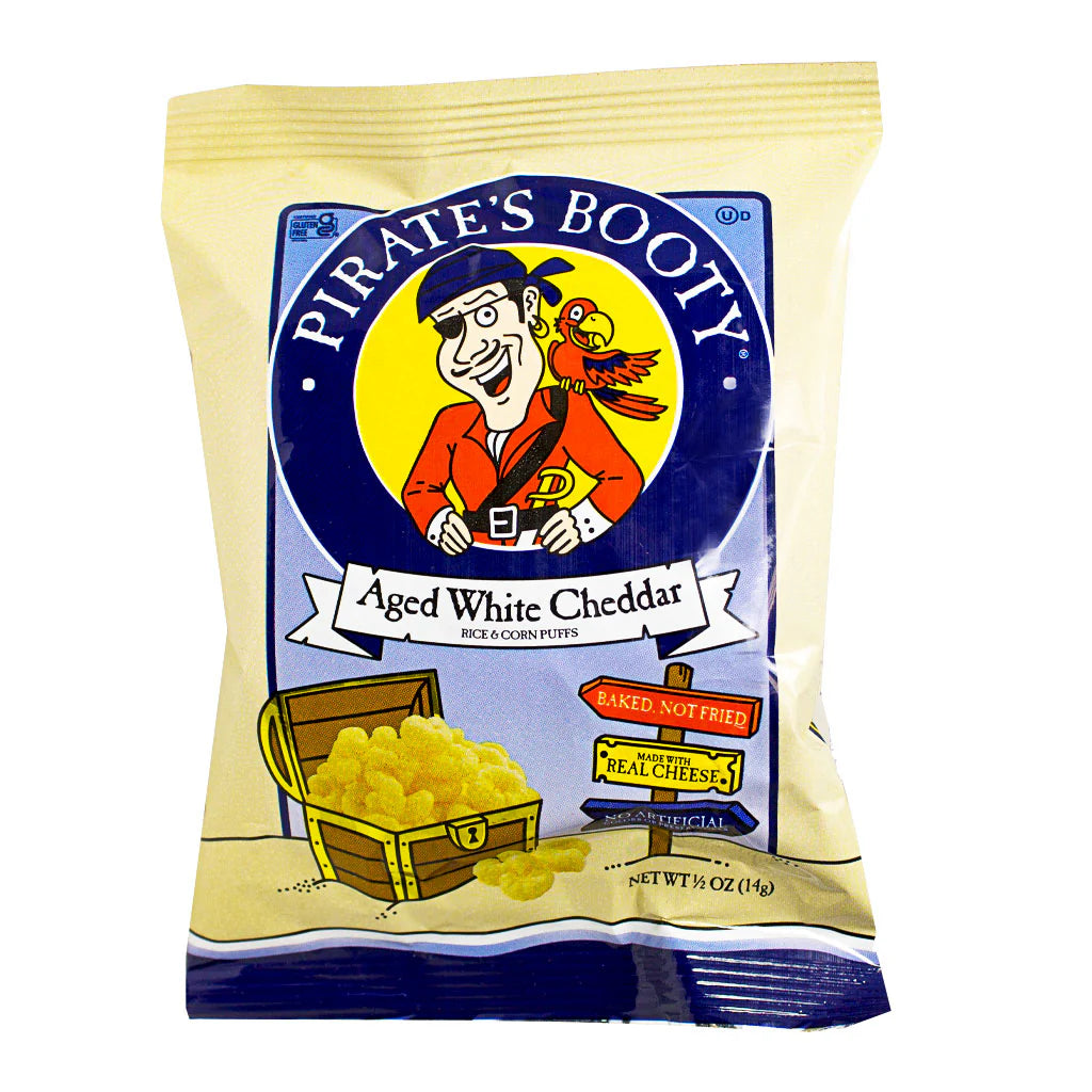 Pirate’s Booty gluten-free Kosher aged white cheddar puffs 0.5 oz bags in 36-pack case