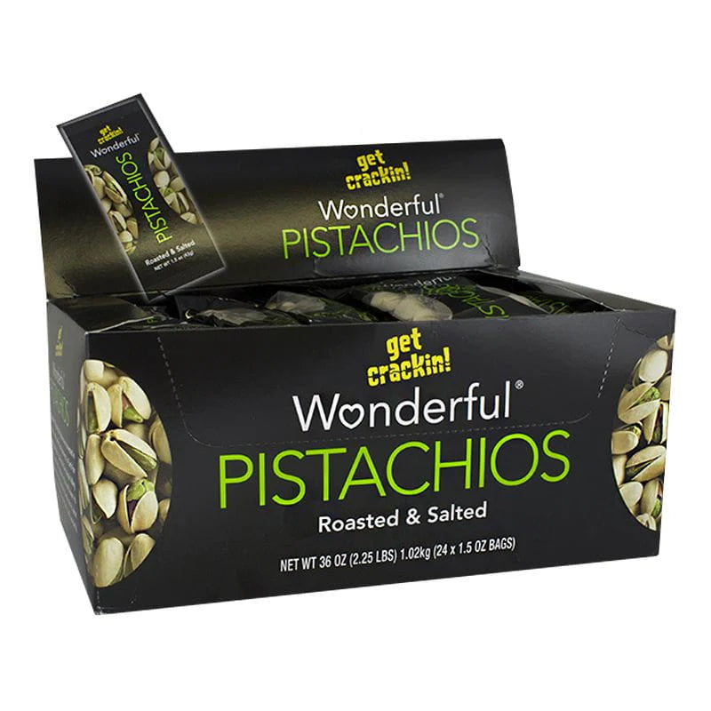 Wonderful Pistachios Salted 1.5 oz plant-based protein snack for healthy vending machines in airports, schools, and workplace
