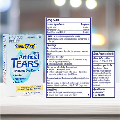 GeriCare Artificial Tears Lubricant Eye Drops – Dry Eye Relief, 0.5 fl oz / 15 mL, 6 Pack