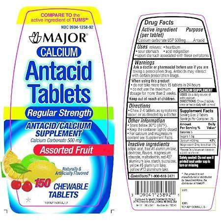 Major Pharmaceuticals Calcium Antacid Tablets – Mixed Fruit Flavor, 500 mg, 150 Tablets