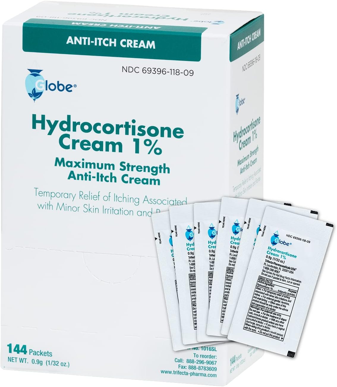 Globe hydrocortisone 1 percent cream 0.9 g single dose packets box of 144 for wellness vending machines in airports, colleges, and workplaces