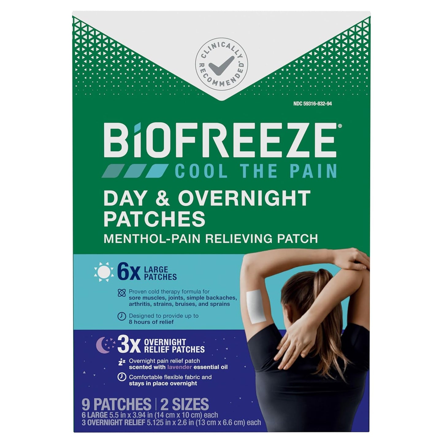 Biofreeze day and overnight menthol pain relief patches 9 count for wellness vending machines in airports, colleges, and workplaces