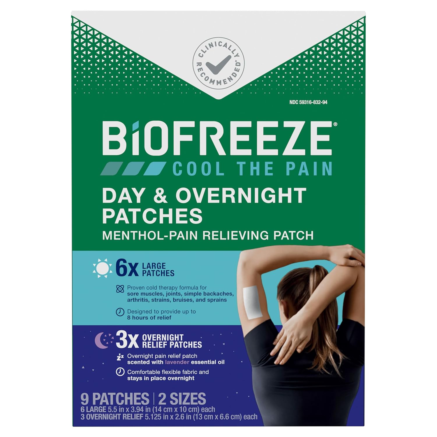 Biofreeze day and overnight menthol pain relief patches 9 count for wellness vending machines in airports, colleges, and workplaces