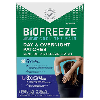 Biofreeze day and overnight menthol pain relief patches 9 count for wellness vending machines in airports, colleges, and workplaces