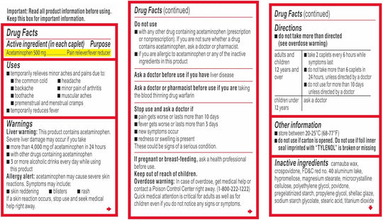 TYLENOL® Extra Strength Caplets 500 mg, 24-Count Bottle, 72 bottles Per Case