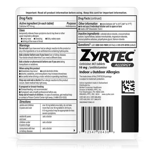 Zyrtec® Allergy Relief – 10mg Cetirizine Tablets (Individual Blister Pack)