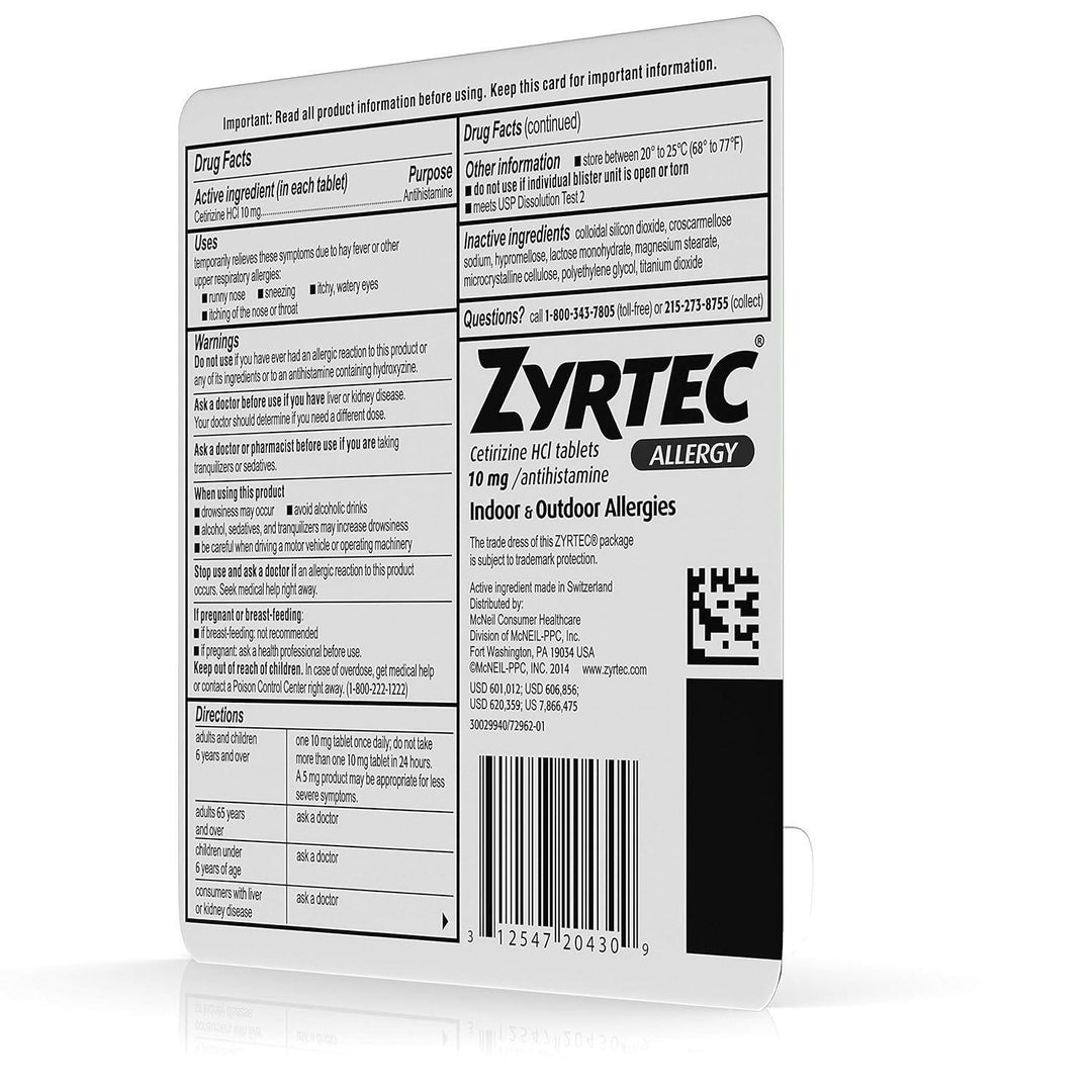 Zyrtec® Allergy Relief – 10mg Cetirizine Tablets (Individual Blister Pack)