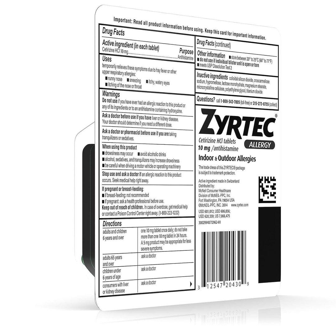 Zyrtec® Allergy Relief – 10mg Cetirizine Tablets (Individual Blister Pack)