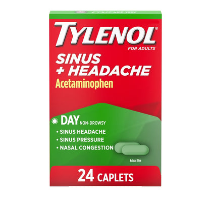 Tylenol Sinus and Headache tablets 24 count box for wellness vending machines in airports, colleges, and workplaces