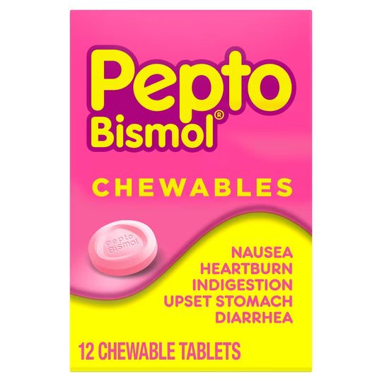 PEPTO-BISMOL Original Chewable Tablets – Upset Stomach Relief, 12 Tablets per Pack