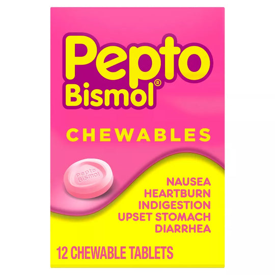 PEPTO-BISMOL Original Chewable Tablets – Upset Stomach Relief, 12 Tablets per Pack