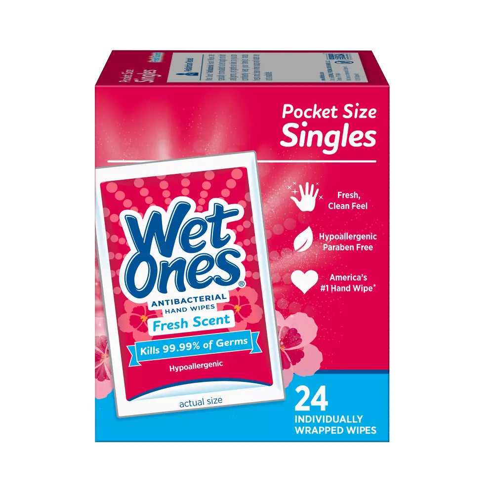 Wet Ones antibacterial aloe hand wipes – 24 single-use packets for vending machines on campuses