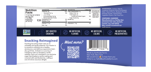 Earthside Farms Blueberry Vanilla Cashews- 1.5 oz wellness vending machine university campuses