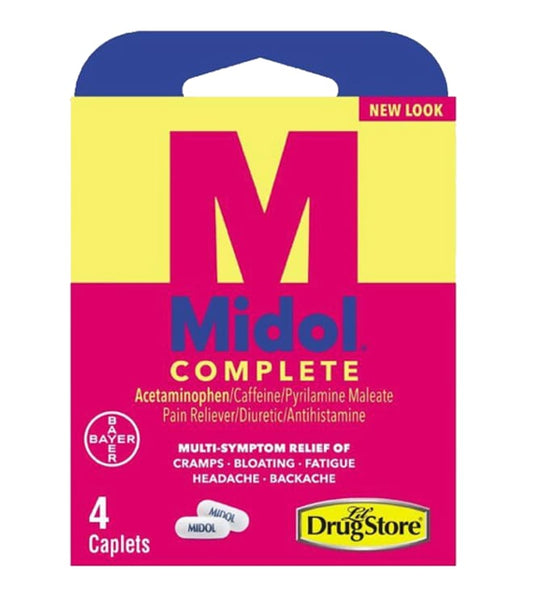 Midol Complete menstrual pain relief caplets 4 count pack of 6 boxes for wellness vending machines in airports, colleges, and workplaces
