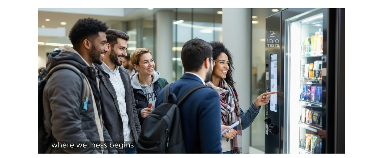 College wellness vending machine photo — FDA-regulated rapid tests & OTC supplies