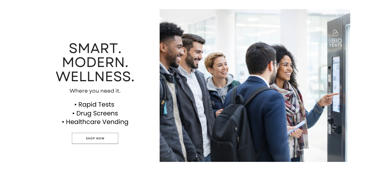 College wellness vending machine photo — FDA-regulated rapid tests & OTC supplies