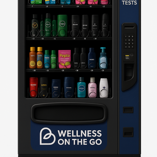 My BIO TESTS wellness vending machine stocked with OTC medications, rapid self-tests, and harm reduction supplies