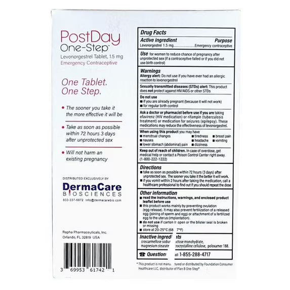 Versea PostDay One-Step Levonorgestrel Tablets - Emergency Contraceptive, 1 Count