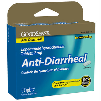 Good Sense Anti-Diarrheal 2 mg tablets 6 count pack of 6 boxes for wellness vending machines in airports, colleges, and workplaces