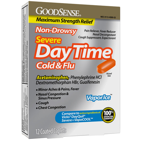 Good Sense Daytime Severe Cold and Flu tablets 12 count pack of 10 boxes for wellness vending machines in airports, colleges, and workplaces